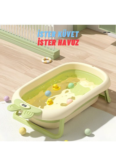 Katlanabilir Termometreli Bebek Küveti Filesi Bebek Havuzu Yeşil