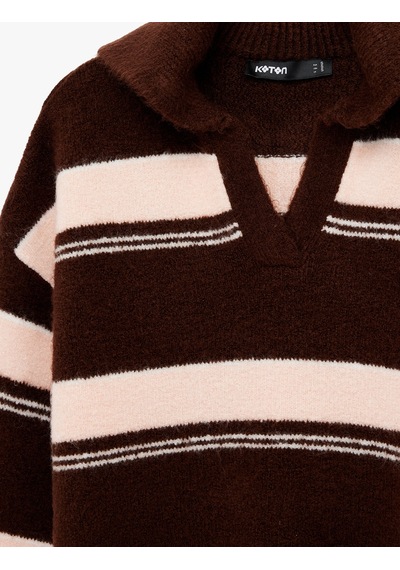 Koton Devrik Yaka Uzun Kollu Çizgili Oversize Triko Kazak Pembe Çizgili 6wak90615ht Pembe