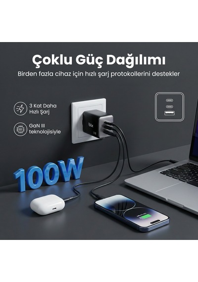 Bix Bx3p102g 100w Usb-c Usb-a 3 Portlu Gan Şarj Aleti Telefon Laptop İçin Pd 3.0 Hızlı Şarj Cihazı Koyu Gri