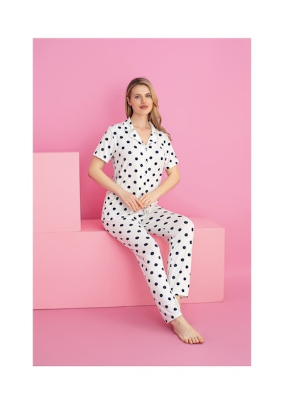 Rindahomewear Kadın Puantıye Desen Milan Düğmeli Pijama Takımı Krem