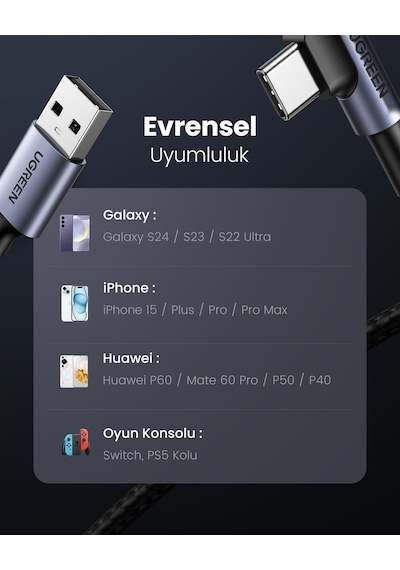 Ugreen Usb-c To Usb-a 3a Qc 90 Derece Hızlı Şarj Kablosu, 1 Metre, Uzay Girişi, 50941