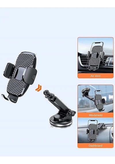 Araç Içi Otomatik Telefon Tutucu Cam Ve Torpido Için Araba Telefon Tutacağı Vantuzlu Klipsli Siyah