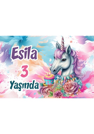 Pasta Ve Unicorn Temalı Doğum Günü Afişi -3 35x50 Cm