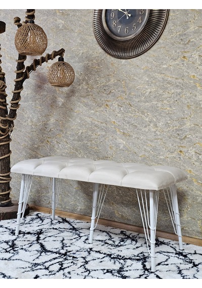Zafir Metal Beyaz Tel Ayaklı 100 Cm Puf Bench - Puf - Bench - Oturak - Mutfak Oturağı - Antre Oturağı Krem