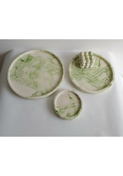 Marble Mermer Desenli Dekoratif Beton Büyük Boy Organizer 3 Lü Tepsi Seti,aksesuar,dekorasyon Gri