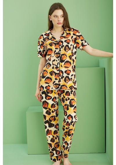 Siyah İnci Kısa Kollu Düğmeli Biyeli Pijama Takım7817 Sarı Büyük Leopar