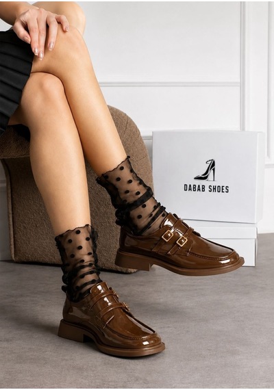 Dabab Shoes Elvan Kadın Kahve Rugan Küt Burun Çift Toka Detaylı Kalın Taban Loafer Ayakkabı Kahverengi