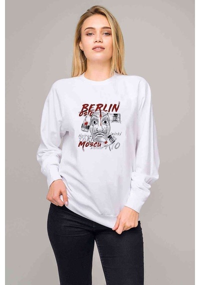 La Case De Papel Berlin Oslo Baskılı Beyaz Kadın Sweatshirt
