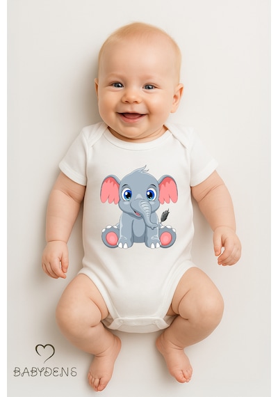 Babyden's %100 Pamuklu Sevimli Hayvan Figürlü Bebek Body Unisex Çıtçıtlı Kısa Kollu Zıbın Fil Beyaz