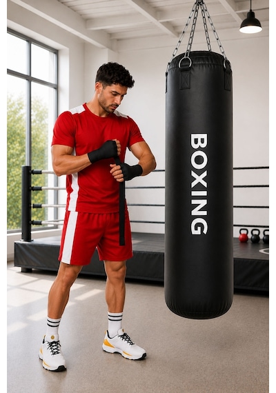 Boxing 150 Cm Salonlara Özel Hazır Dolu Boks Torbası Ve Zinciri - Hediye Boks Bandajı Siyah