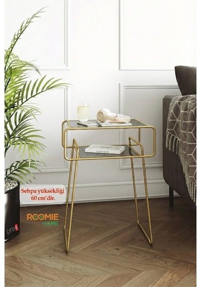 Retro Yan Sehpa, Metal Sehpa, Cam Sehpa, Salon, Yatak Odası, Antre Füme Cam Gold Altın