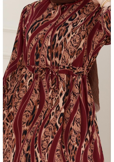 Sevitli Leopar Desenli Beli Tünelli Viscon Elbise-bordo-5087 Bordo