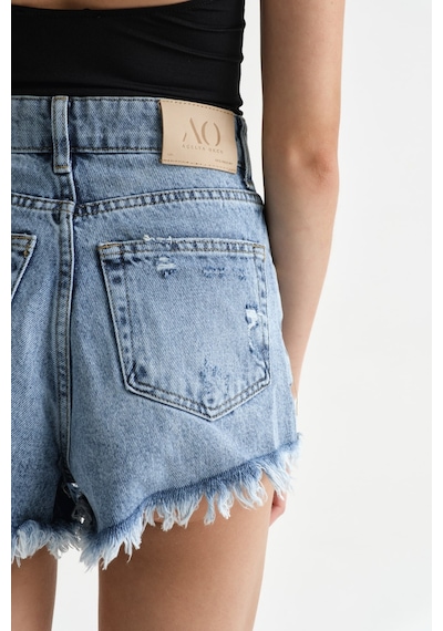 Açelyaokcu Premium Kaida Yırtık Detaylı Denim Mini Şort Mavi