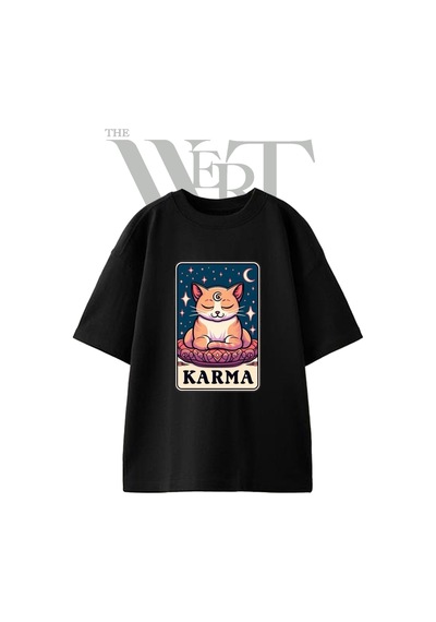 Thewert Karma Cat Tasarım Baskılı Ünisex Siyah Oversize T-shirt
