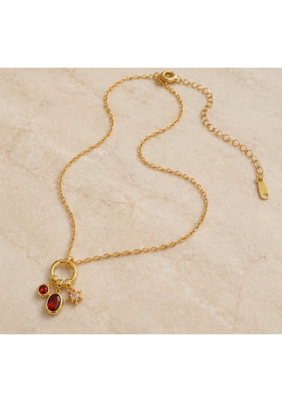 Kırmızı Kristal Charm Kolye Gold