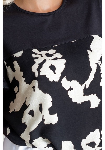 Kadın Bağlamalı Baskılı Viskon Kombinli Likralı Örme Kumaş Sıfır Yaka Tshirt Ekru - Siyah Kadın Bağlamalı Baskılı Viskon Kombinli Likralı Örme Kumaş Sıfır Yaka Tshirt Ekru - Siyah