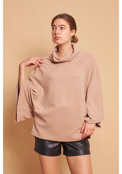 Jument Degaje Yaka Balıkçı Yarasa Model Rahat Kesim Oversize Triko Bluz-koyu Bej K.bej