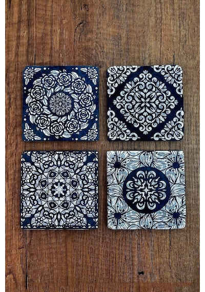 Doğal Taş Bardak Altlığı Tile Desen 10x10cm Stone Coasters 4'lü Set Çok Renkli
