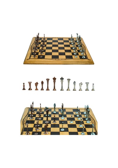 Mc46 Büyük Boy Metal Satranç Takımı 37x37cm Doğal Ahşap Kayın Tahta El Yapımı Antik Metal Taşlar