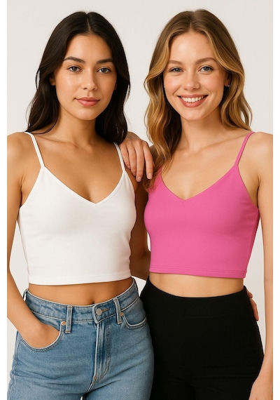 Kadın 2'li Paket Pembe Beyaz Kısa Crop İp Askılı V Yaka Krop Bluz Büstiyer Çok Renkli