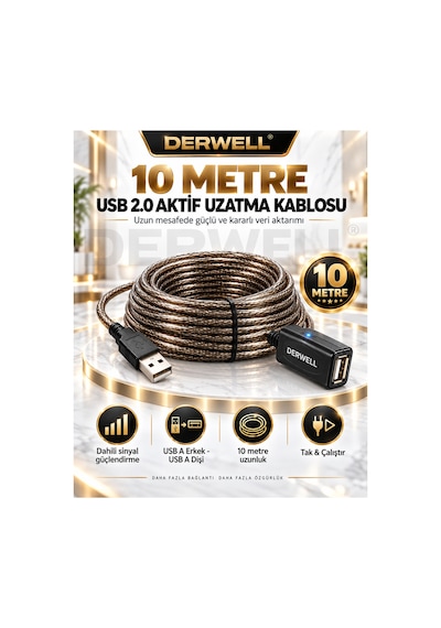 Yeni 2026 10 Metre Usb 2.0 Aktif Uzatma Kablosu Dahili Güçlendirilmiş Sinyal Çipli Kopma Donma Yapmaz Tak Çalıştır Erkek Dişi Yüksek Hızlı Kararlı Veri Aktarım Kablosu Gold Seri Premium