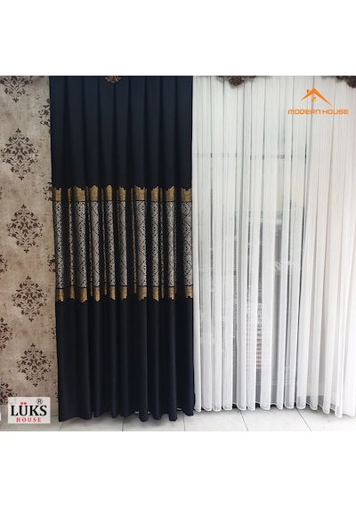 Lüks Siyah Fon Pano Perde Sık Pile Tek Kanat - Modern House Siyah