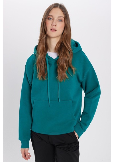 Tudors Unisex Oversize Geniş Kesim Pamuklu Yumuşak Dokulu İçi Polarlı Basic Yeşil Kapüşonlu Sweatshirt-29409 Yeşil
