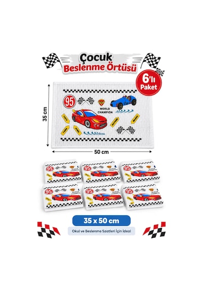 6 Lı Okul Beslenme Örtüsü 35x50 Cm Yıkanabilir Araba Desenli Beyaz