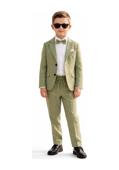 Baby Kids Colors Erkek Çocuk Flamlı Keten Salaş Ceketli Takım Elbise / Gömlek Pantolon Ceket Papyon Keten Takım Yeşil