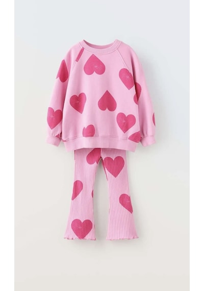 Kız Çocuk Kalp Desenli Pamuklu Sweatshirt Tayt Alt-üst Takım Pembe Renk Açık Pembe