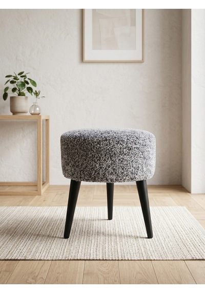 Kırçıllı Gri Welsoft Kumaş Yuvarlak Puf Ahşap Ayaklı Demonte Modern Puf Tabure 40x42 Cm