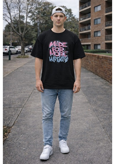 Herkesemoda Made For More Yazı Detaylı Basic T-shirt Siyah