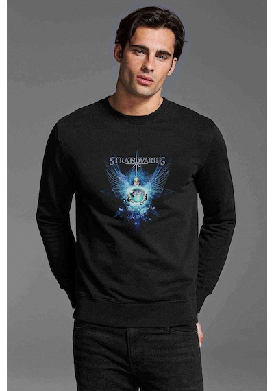 Stratovarius Heaven Music Baskılı Siyah Erkek Örme Sweatshirt