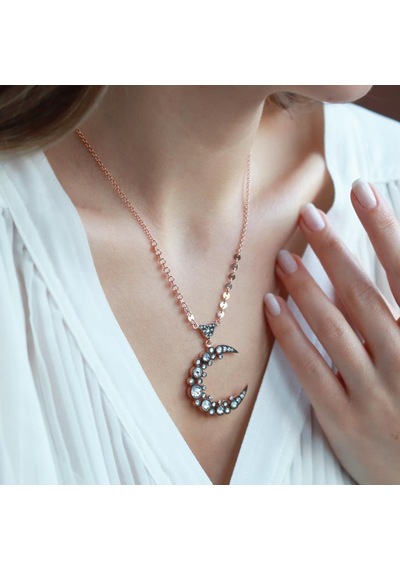 Elmas Montür Hilal Rose Gold Kaplama Gümüş Kolye Gümüş