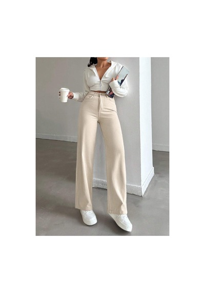 Kene Jeans Yüksek Belbej Keten Bol Paça Tam Kalıp Pantolon Bej