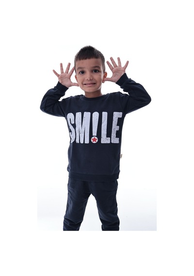 Erkek Çocuk Eşofman Takımı Smile Baskılı Rahat Spor Üst Alt Takım Günlük Kombin Siyah