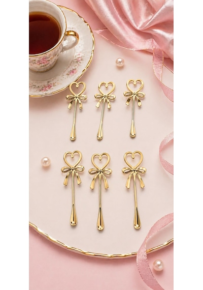 6'lı Kalpli Fiyonklu Gold Kahve Çay Kaşığı Seti-6 Lı Set Şık Sunum Kaşığı