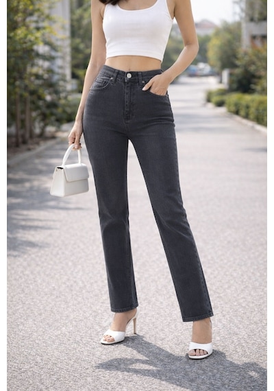Cedy Denim Kadın Boru Paça Yüksek Bel Regular Fit Likralı Pantolon Gri Cedy Denim Kadın Boru Paça Yüksek Bel Regular Fit Likralı Pantolon Gri