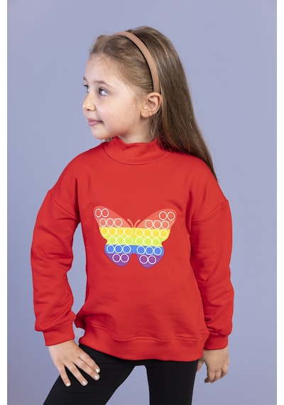Toontoy Kız Çocuk Pamuklu Balıkçı Yaka Popıt Desenli Sweatshirt Kırmızı