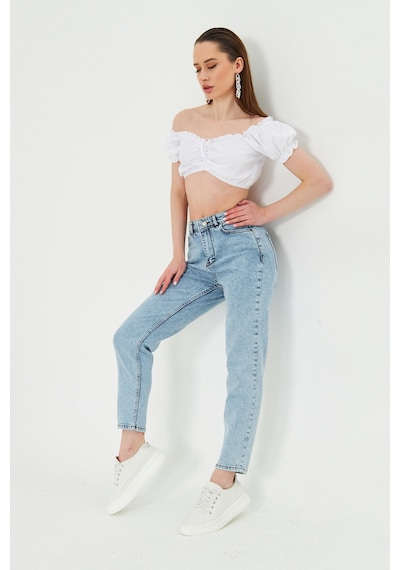 Kutaf Kar Yıkama Açık Mavi Slim Fit Mom Jean Açık Mavi