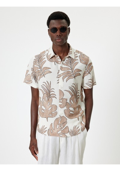 Koton Hawaii Gömlek Kısa Kollu Yaprak Desenli Bej Desenli 4sam60233hw Ekru