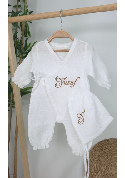 Gros Shop Müslin Yeni Doğan 2katlı Organik %100pamuk Kişiye Özgü Nakışlı Hastane Çıkış Seti İkili Dal Model-3 Ekru-3