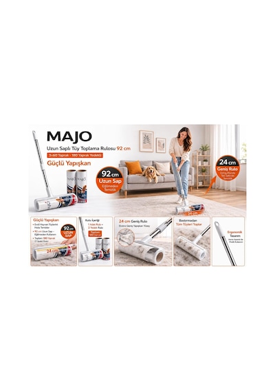 Majo Tüy Toplama Rulosu 24 Cm 180 Yaprak 92 Cm Uzun Saplı 2 Yedek Rulo İle Birlikte