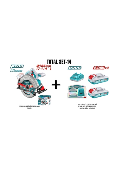 Total Set-14 Total Lı-ıon Akülü Daire Testere Solo Tslı1851+total P20s 2li 2.0 Ah Tfblı2001 Akü Ve Şarj Aleti Seti Tfbcpk2212e
