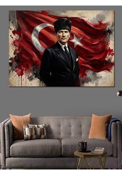 Atatürk Türk Bayrağı Önünde Portre Dekoratif Kanvas - Mdf Ahşap Tablo