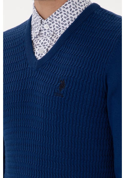 U.S. Polo Assn. Erkek Slim Fit V Yaka İndigo Basic Kazak 50288879-VR028