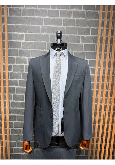 Dupont Classics Dupont Slim Fit Sivri Yaka 6 Drop Çift Yırtmaç Torba Cep Puntolu 2'li Takım Elbise Koyu Gri