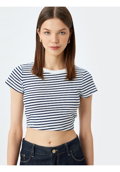 Koton Crop Bisiklet Yaka Kısa Kollu Slim Fit Tişört Lacivert Çizgili 5sal10192ık 7s2 Çok Renkli