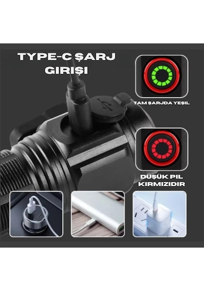 Güç Göstergesi İle Güçlü Usb Şarj Edilebilir Mini Led El Feneri Pd-7007 Siyah