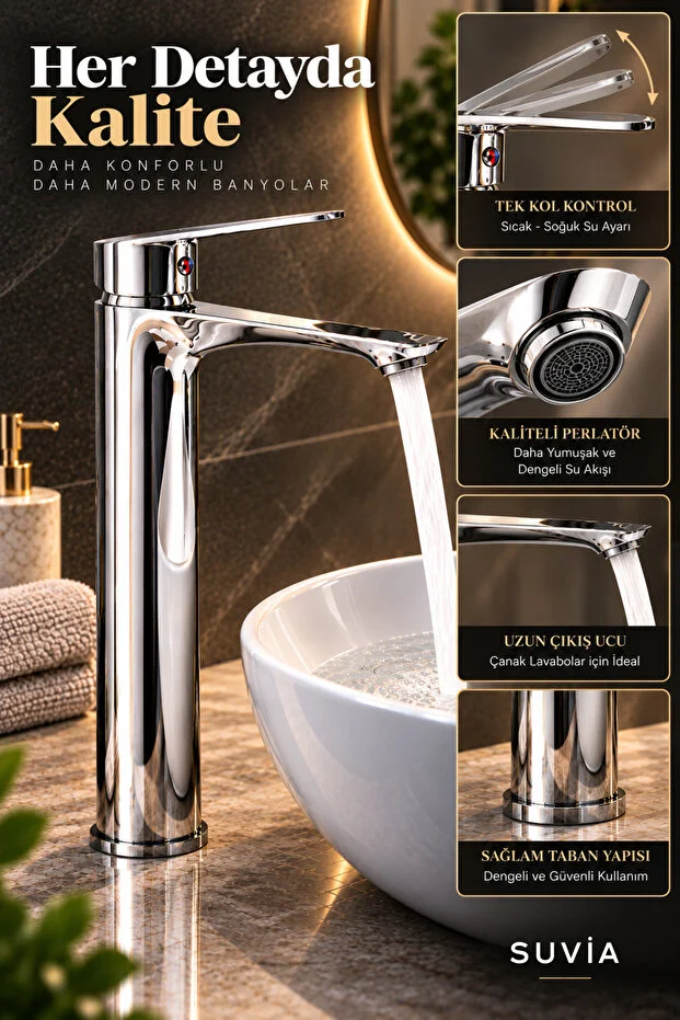 Lavabo Bataryası Yüksek Gövde Krom Çanak Lavabo Musluğu Sıcak Soğuk Su Bataryası